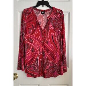 INC International Concepts Tops Paisley Long Sleeve Slit Neck Buttons Pullover